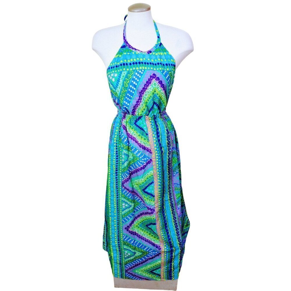 Vintage Hawaiian Maxi Dress Halter Floral Green Blue Vacation Tropical Cruise